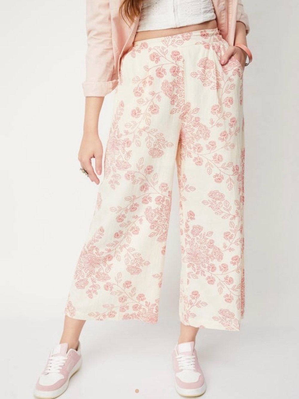 Max Linen Blend Wide Leg Straight Fit Floral Print Palazzos Casual Pants XL